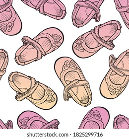 Seamless shoe drawing background pattern for little girls.