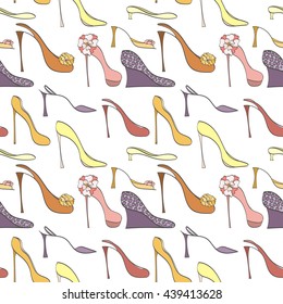 Seamless shoes pattern can be used for wallpaper, website background, wrapping paper. High heels shoes vector bright pattern. Shoes design. Fashion concept.