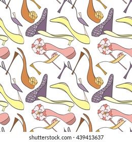 Seamless shoes pattern can be used for wallpaper, website background, wrapping paper. High heels shoes vector bright pattern. Shoes design. Fashion concept.