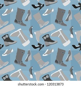 Seamless shoes pattern: monochrome drawings and blue squares