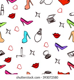Seamless shoes-cosmetics pattern varicolored