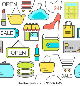 Seamless shopping background with colored line style icons. Linear style fashion pattern.