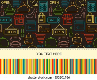 Seamless shopping background with colorful line style icons on black. Linear style fashion pattern with place for text.