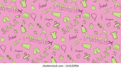 Seamless shopping background with hand drawn clothes icons, Vector image.