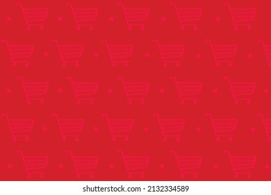 The seamless shopping cart pattern on the red background 