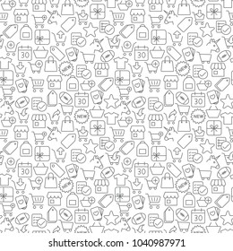 Seamless shopping icons pattern grey on white background