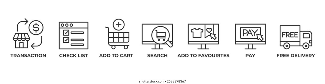 Seamless Shopping Icons set vector outline illustration with TRANSACTION, CHECK LIST, ADD TO CART, SEARCH, ADD TO FAVOURITES, PAY, FREE DELIVERY