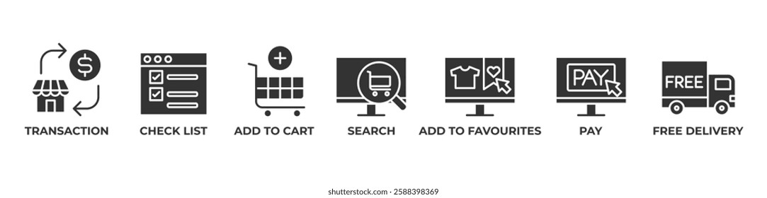 Seamless Shopping Icons set vector glyph illustration with TRANSACTION, CHECK LIST, ADD TO CART, SEARCH, ADD TO FAVOURITES, PAY, FREE DELIVERY