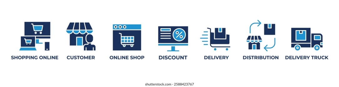 Seamless Shopping Icons set vector blue illustration with Shopping Online, Customer, Online Shop, Discount, Delivery, Distribution, Delivery Truck