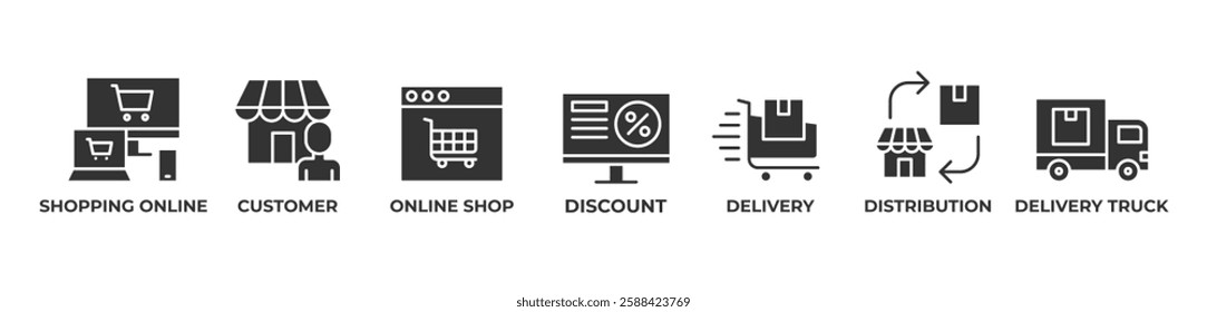 Seamless Shopping Icons set vector glyph illustration with Shopping Online, Customer, Online Shop, Discount, Delivery, Distribution, Delivery Truck