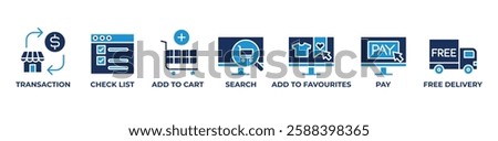 Seamless Shopping Icons set vector blue illustration with TRANSACTION, CHECK LIST, ADD TO CART, SEARCH, ADD TO FAVOURITES, PAY, FREE DELIVERY