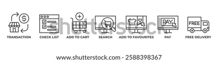 Seamless Shopping Icons set vector outline illustration with TRANSACTION, CHECK LIST, ADD TO CART, SEARCH, ADD TO FAVOURITES, PAY, FREE DELIVERY