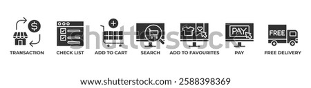 Seamless Shopping Icons set vector glyph illustration with TRANSACTION, CHECK LIST, ADD TO CART, SEARCH, ADD TO FAVOURITES, PAY, FREE DELIVERY