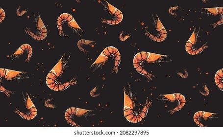 Seamless shrimp pattern on black background. Vector illustration of seafood.