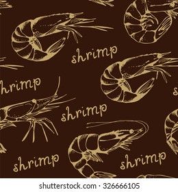 Seamless shrimp pattern, seafood background with hand drawn shrimps, vector pattern
