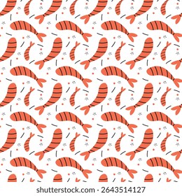 Padrão de camarão sem costura. Impressão em desenho animado de frutos do mar. Camarões marinhos frescos. Comida de camarão.