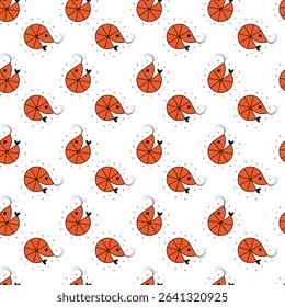 Seamless shrimps pattern. Seafood print. Fresh marine shrimp. Flat ocean prawn food.