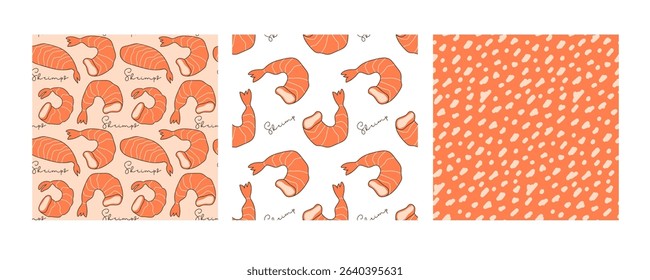 Seamless Shrimps patterns. Set of three with shrimps and Abstract forms. Hand drawn lineart vector illustration. Repeated backgrounds for textile, wallpaper, packaging. Japanese food menu. Seafood.