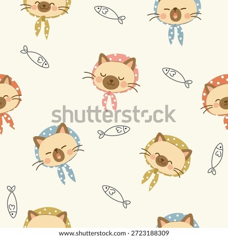 seamless Siamese cat heads with polka dot headscarves pattern with fishes on pale yellow background , vector , illustration