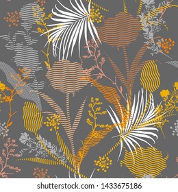 Seamless silhouette of botanical plants and florals fill in with zigzag striped Pattern on colorful garden mood Print in vector Design for fashion,fabric,web,wallpaper and all prints on stylish grey 