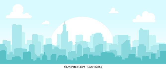 Seamless silhouette of the city. Cityscape with buildings. Simple blue background. Urban landscape. Beautiful template. Modern city with layers. Flat style vector illustration.