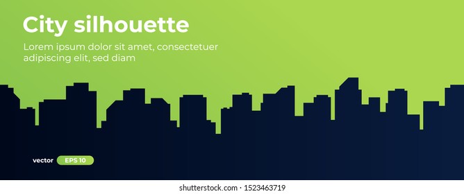 Seamless silhouette of the city. Cityscape with buildings. Simple green background. Urban landscape. Beautiful template. Modern city with layers. Flat style vector illustration.