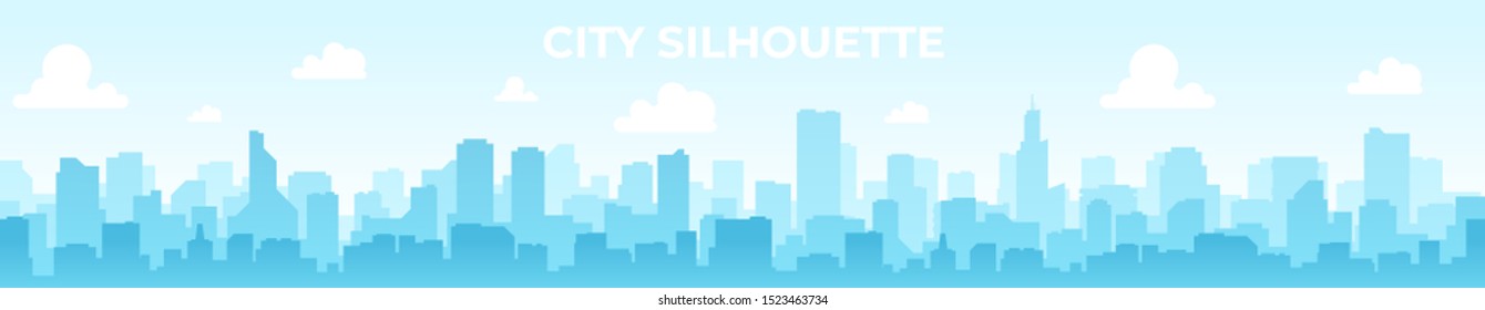 Seamless silhouette of the city. Cityscape with buildings. Simple blue background. Urban landscape. Beautiful template. Modern city with layers. Flat style vector illustration.