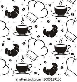 Seamless silhouette coffee pattern with hand drawn elements. Doodle Cup, croissant, chef's hat and coffee beans. Background for breakfast, cafe, restaurant, coffee shop or menu. Vector illustration.