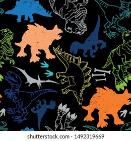 Seamless  silhouette  Dino pattern, print for T-shirts, textiles, wrapping paper, web. Original design with t-rex, dinosaur.  grunge design for boys and girls