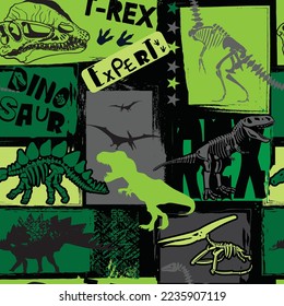 Seamless  silhouette  Dino pattern, print for T-shirts, textiles, wrapping paper, web. Original design with t-rex, dinosaur.  grunge design for boys and girls