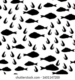 Seamless: silhouette of fish on a white background. Different fish endless hand drawn texture. Icon shrimp fish sea ocean vector seamless pattern background wallpaper
vector. illustration