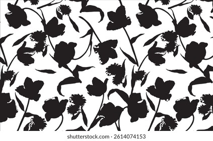 Seamless silhouette flower pattern. Textile print and hand flower pattern design  on the black background. Seamless pattern design for textile.Green flower.For textile and fashion.