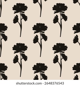 Seamless silhouette pattern of blooming flowers on beige background. Ideal for textile, home decor, banner, cover, etc