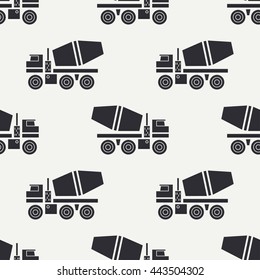 Seamless silhouette pattern with construction machinery - concrete mixer. Vector illustration. Element for design. Truck transportation. Graphic texture for design , wallpaper. Construction machinery.