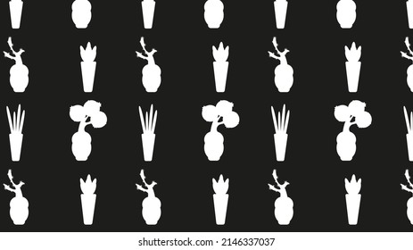 Seamless silhouette pattern of house flowers in pots isolated on white background.Vector illustration.