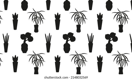 Seamless silhouette pattern of house flowers in pots isolated on white background.Vector illustration.