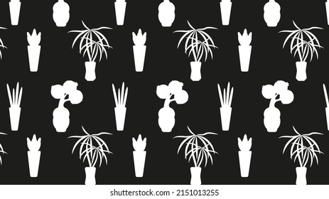 Seamless silhouette pattern of house flowers in pots isolated on white background.Vector illustration.