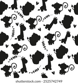 Seamless silhouette pattern kawaii animal characters giraffe, elephant, monkey