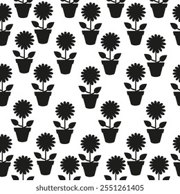 Seamless silhouette pattern of sunflower in a pot 