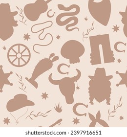 Seamless silhouette pattern of wild west cowboy, hat, cactus