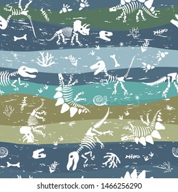 Seamless silhouettes dino skeletons. Hand drawn vector illustration. Seamless pattern, realistic sketch collection of bones.