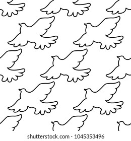 Seamless silhouettes of flying birds pattern with soaring flight of doves over white background. May be use as wallpaper or religion theme design vector illustration EPS