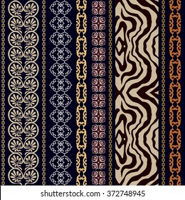 Seamless silk wallpaper with vintage ancient meander, boho style stripes and zebra skin print. Set of fantasy geometric and ethnic vector patterns. Vintage collection. Metallic shadows on dark blue.