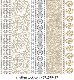 Seamless silk wallpaper with vintage roses, boho style stripes and piton skin print. Set of floral, geometrical, ethnic vector patterns. Vintage collection. Light golden. Backgrounds & textures shop.