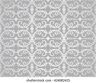Seamless silver flowers and foliage wallpaper pattern. This image is a vector illustration.