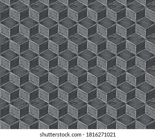 Seamless silver geometric embroidery cube pattern, 3d metal background
