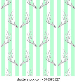 seamless silver glitter antler pattern on green stripe background