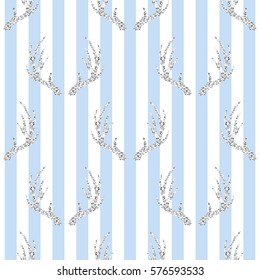 seamless silver glitter antler pattern on blue stripe background
