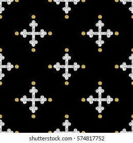 seamless silver glitter cross with gold dot glitter pattern background