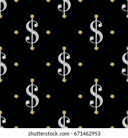 seamless  silver glitter dollar with gold dot glitter pattern on black background